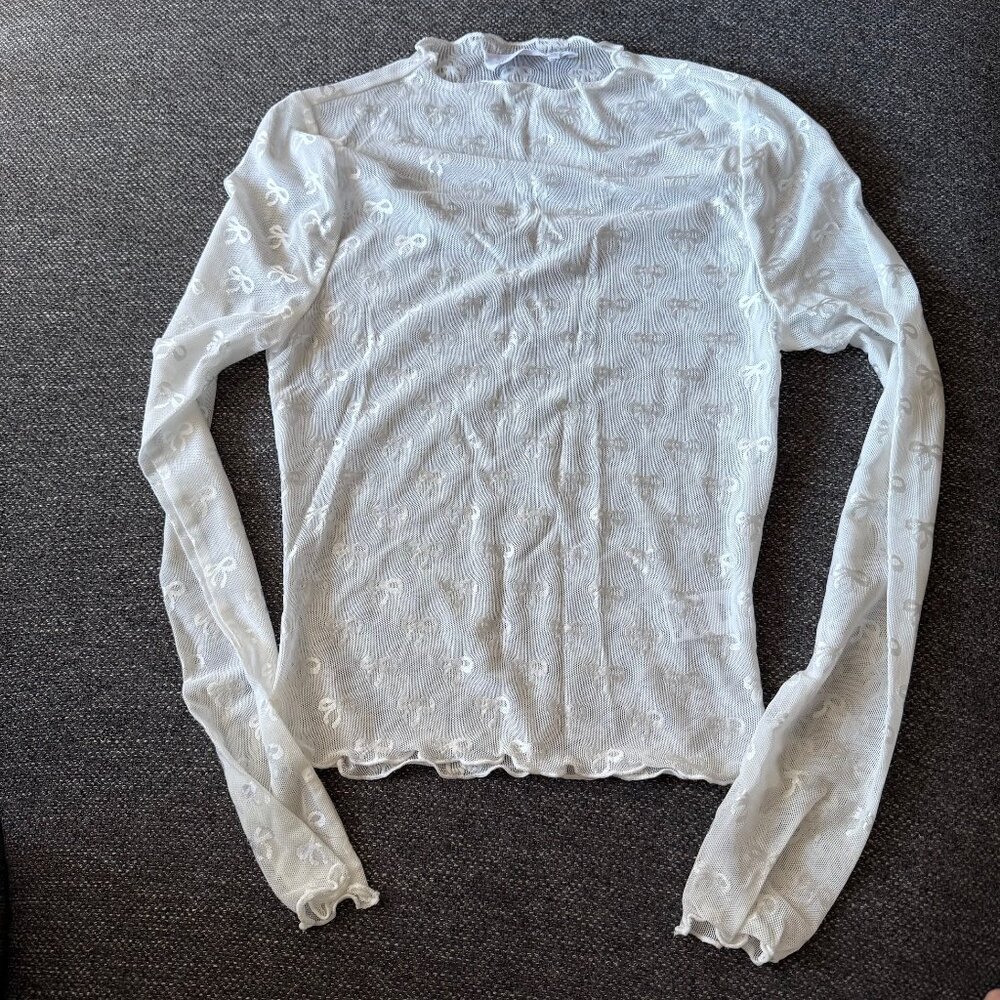 All in Favor Bow Long Sleeve Sheer Mesh Top Size S